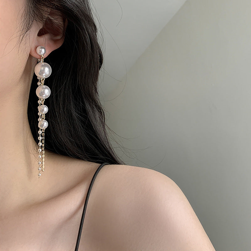 S925 silver needle Korean celebrity style pearl tassel long simple earrings for women