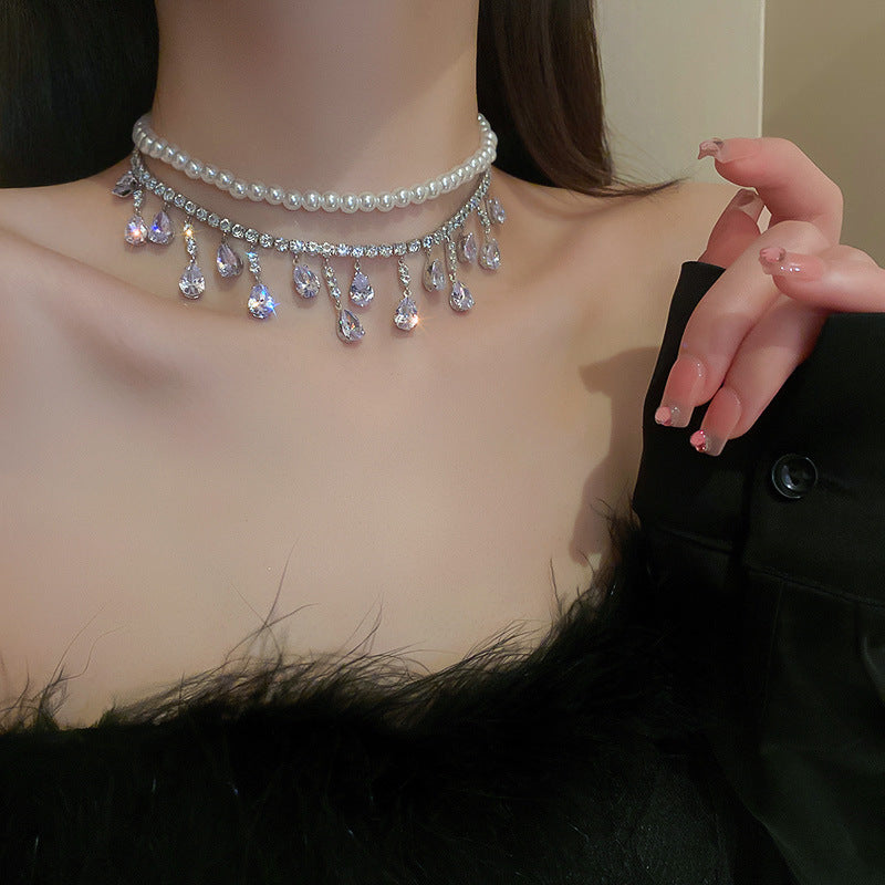 Baroque pearl inlaid diamond drop-shaped pendant necklace - SHINNE