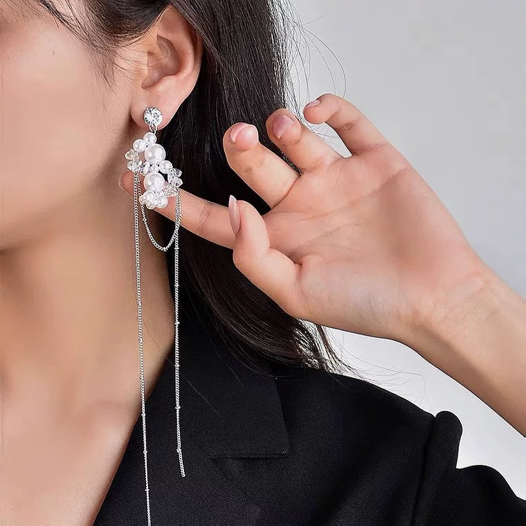 Light luxury, high-end, super long pearl tassel earrings