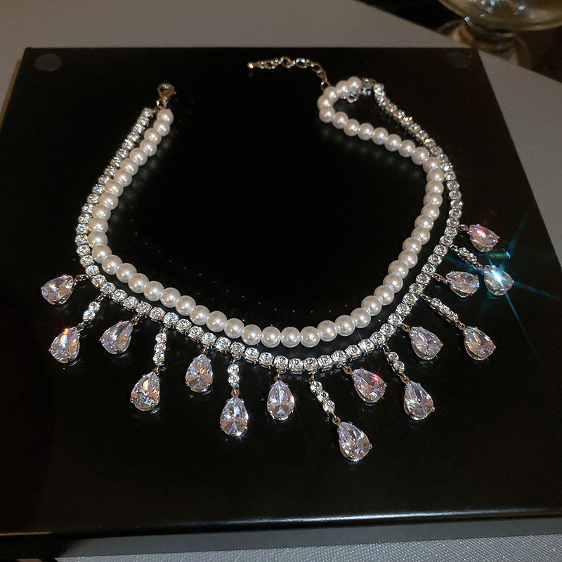 Baroque pearl inlaid diamond drop-shaped pendant necklace - SHINNE