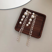 S925 silver needle Korean celebrity style pearl tassel long simple earrings for women - SHINNE